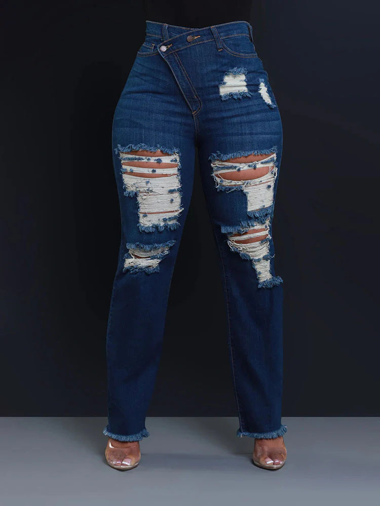 Distressed Asymmetrical Zip Jeans