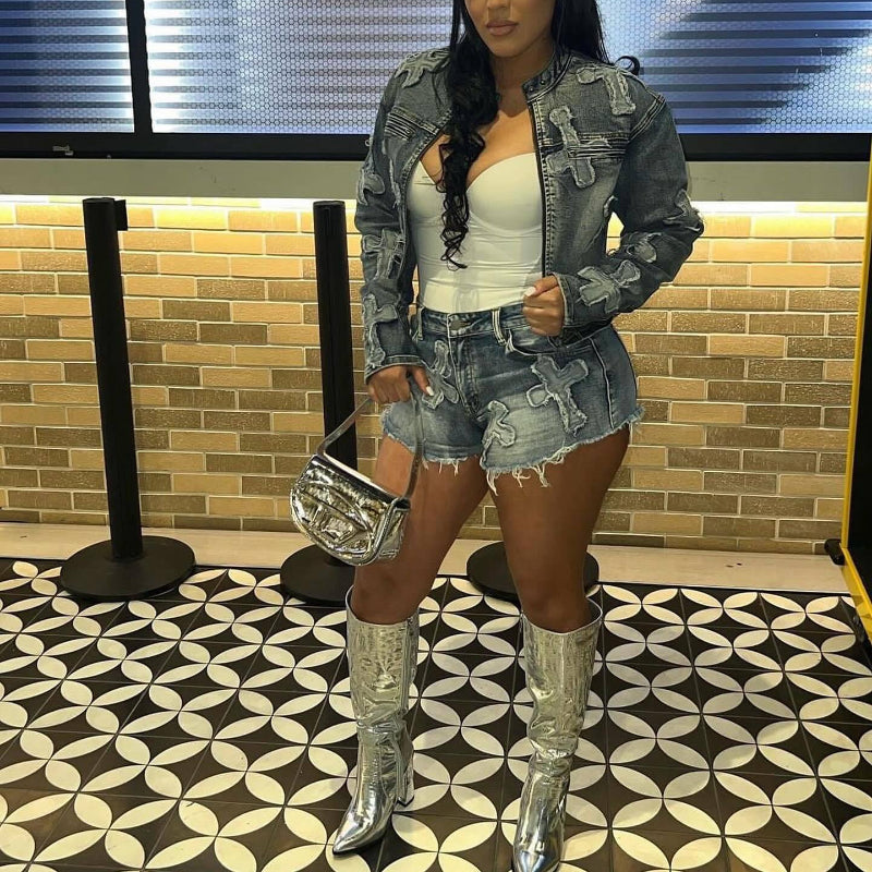 Embroidered cross stretch shorts set