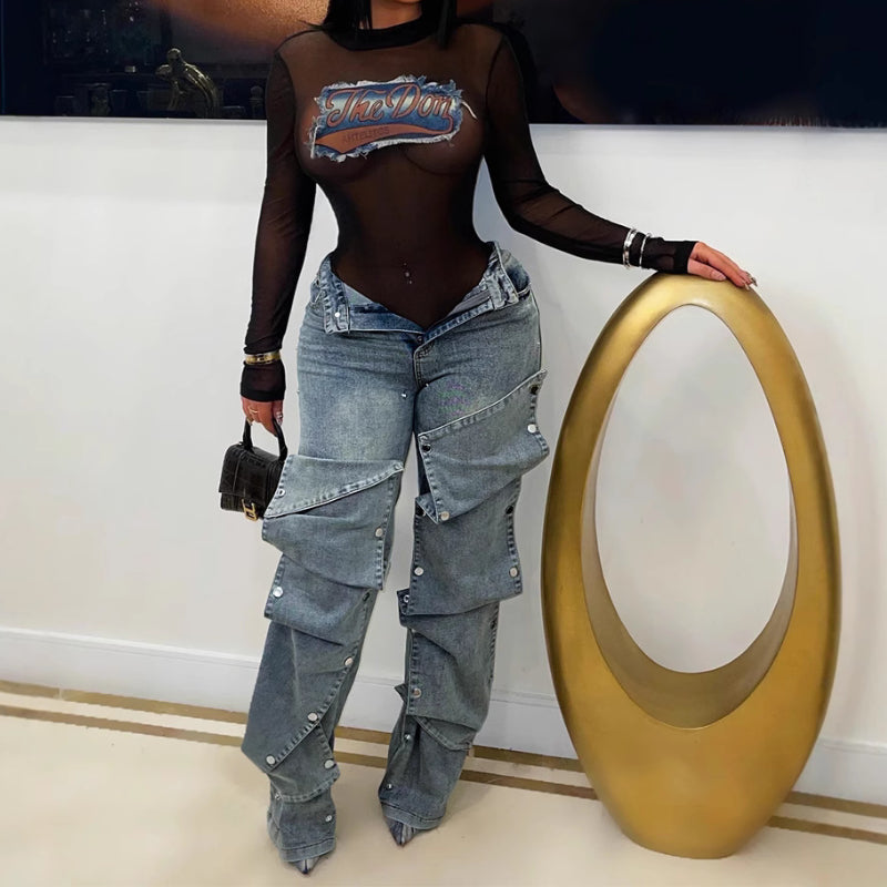 Stylish metal buckles loose jeans