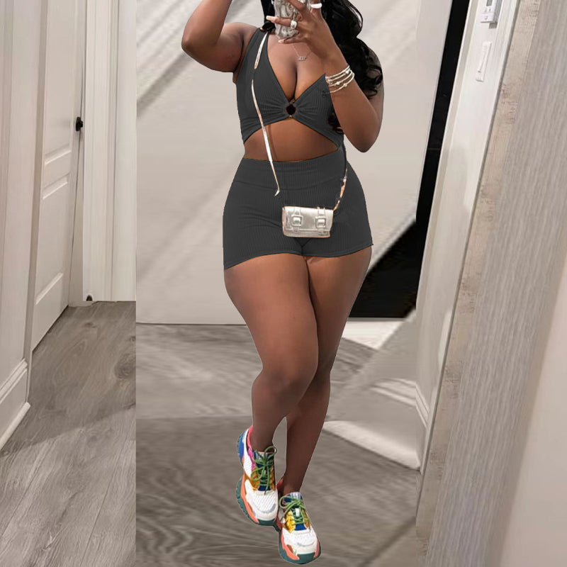 Washed Casual Shorts and Crop Top Set