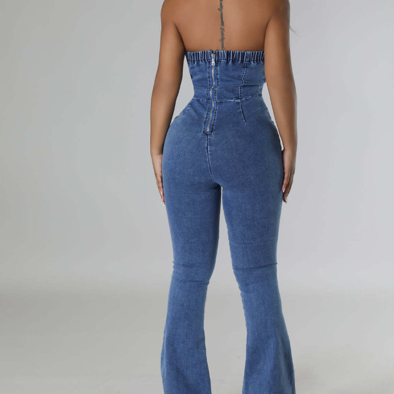 Bandeau backless drawstring denim jumpsuit