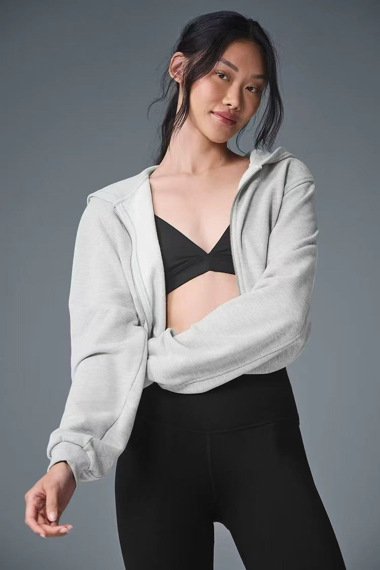 Women's Hooded Long-Sleeve Zip-Up Crop Top