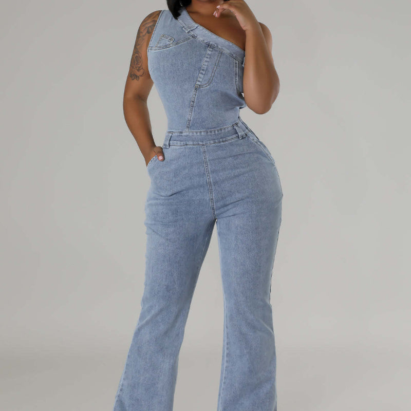 Washed Denim Jumpsuit Flared Leg