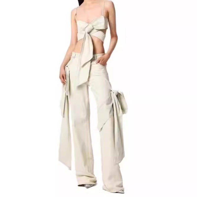 Bow bandeau distressed jeans set