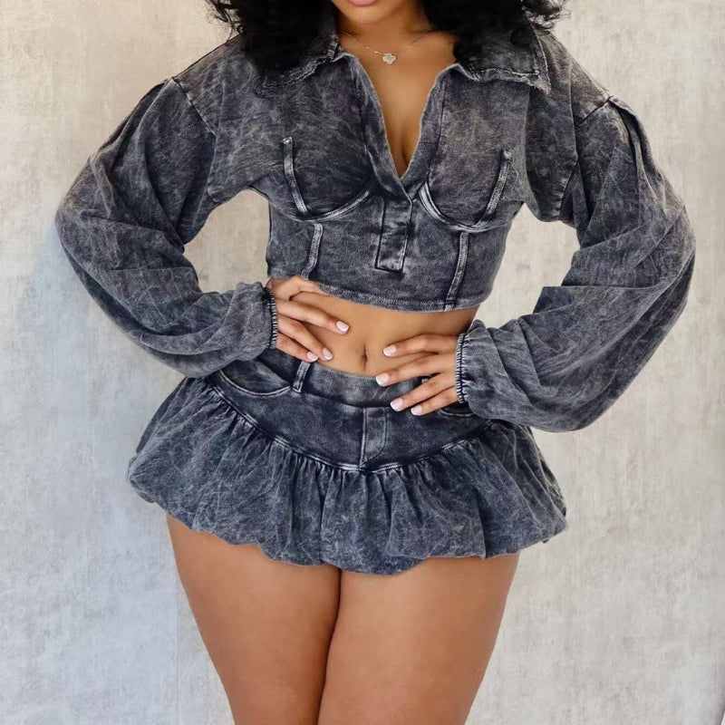 Washed-Distressed Skirt Set