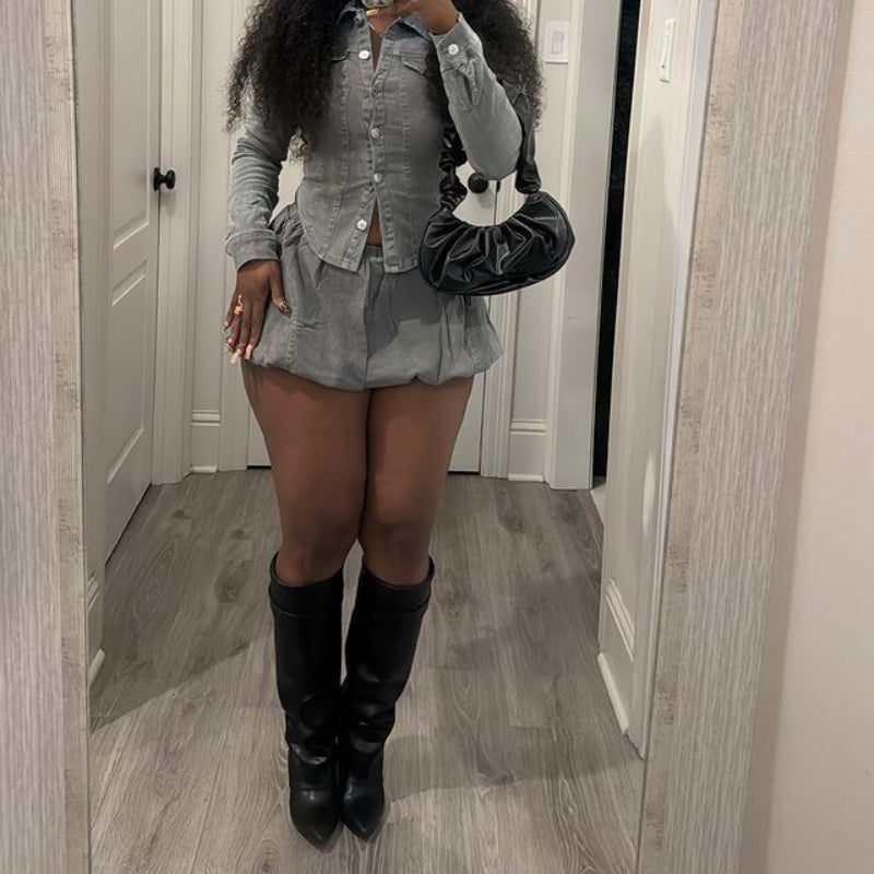 Slim-Fit Shirt Stretch Denim Skirt Set