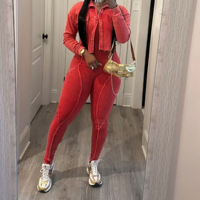 Vintage Washed Jumpsuit Casual Set