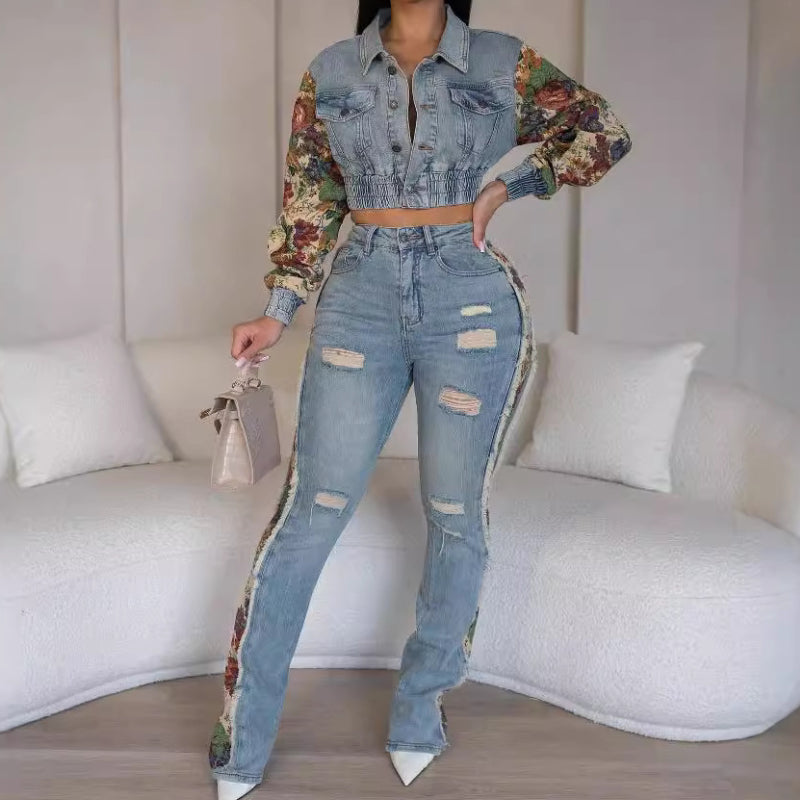 Vintage Denim Jeans with Lace Trim Set