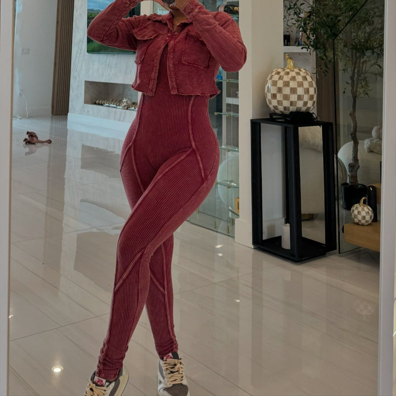 Vintage Washed Jumpsuit Casual Set