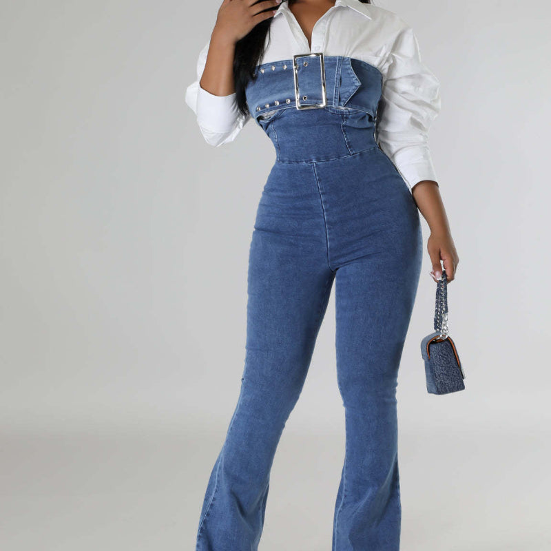 Bandeau backless drawstring denim jumpsuit