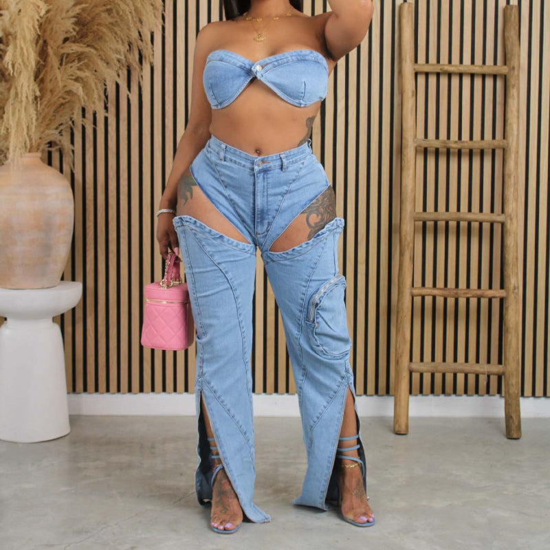 High-Slit Zipped 3D Pocket Bustier Set