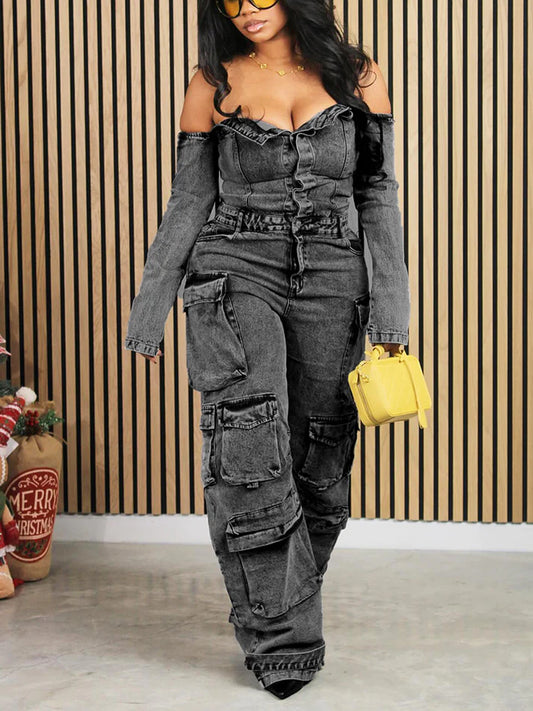 Off Shoulder Denim Jumpsuit