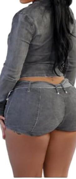 Y2K Denim Zip Up Cropped Jean Jacket Shorts Sets