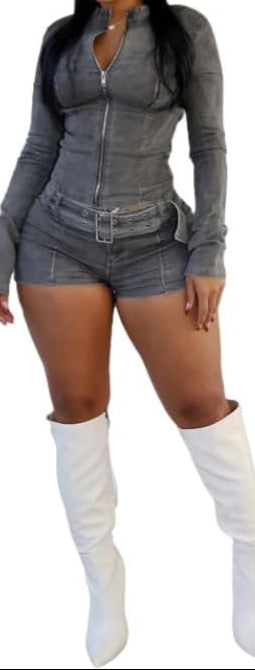 Y2K Denim Zip Up Cropped Jean Jacket Shorts Sets