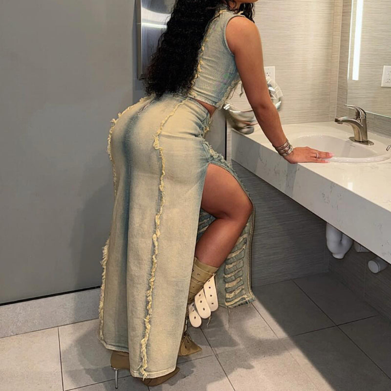 Ripped vest high-slit denim skirt set