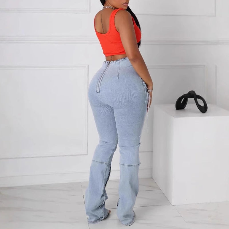 High-waisted  lace-up denim flare pants