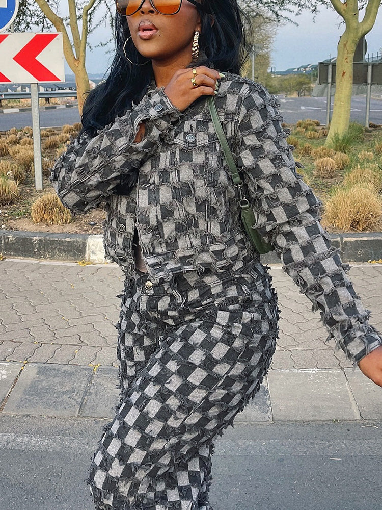 Checkered Denim Jacket & Jeans Set