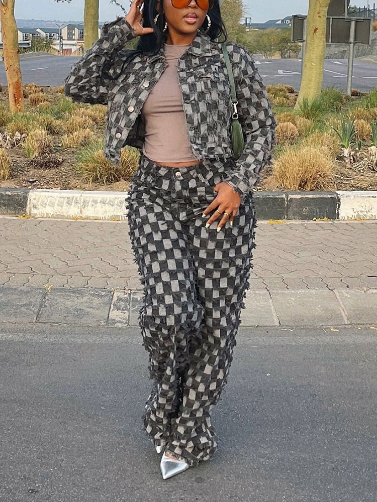 Checkered Denim Jacket & Jeans Set