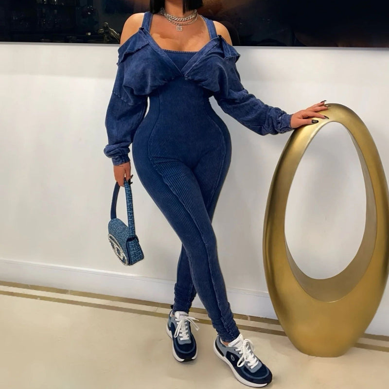 Distressed Off-Shoulder Bodycon Jumpsuit