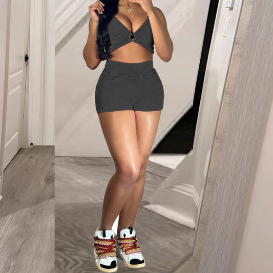 Washed Casual Shorts and Crop Top Set