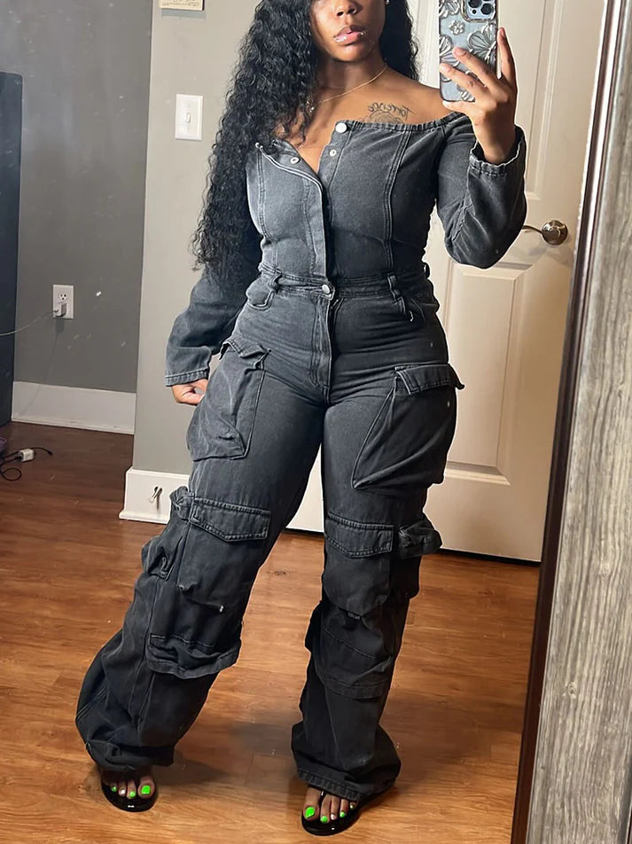 Off Shoulder Denim Jumpsuit
