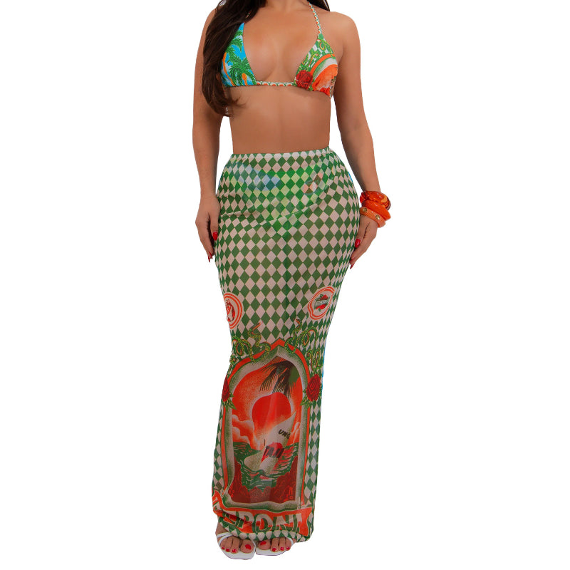 Sexy Bikini & Beach Print Sarong Set