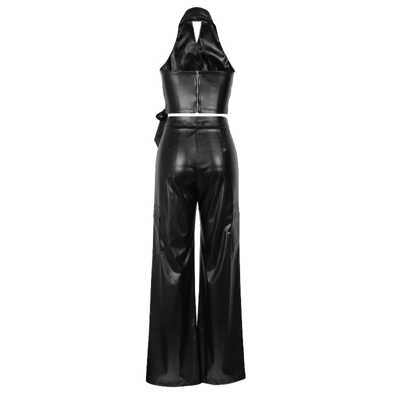 Sleeveless Halter Neck Sexy Leather Set