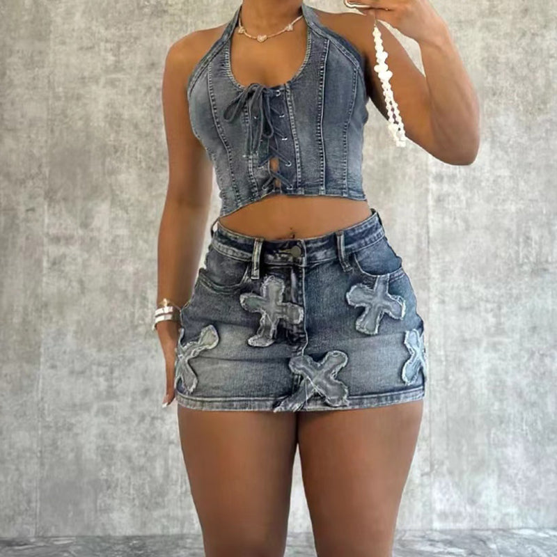 Cross stretch denim two-piece set