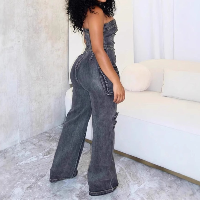 Denim Jumpsuit Corset Cargo Pants