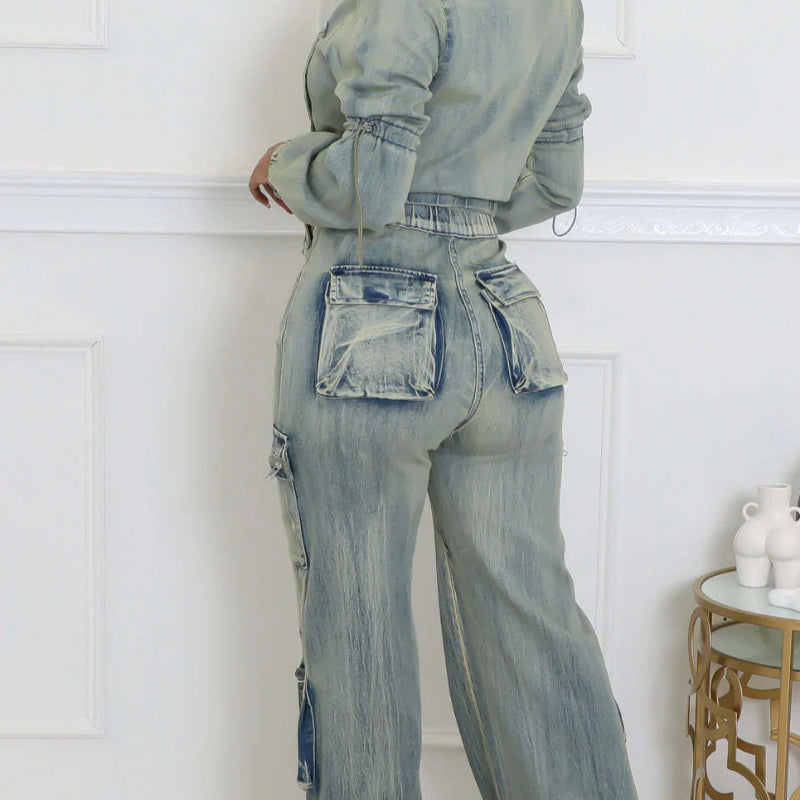 Long Sleeve Cropped Jean Jacket Cargo Pants with Pockets