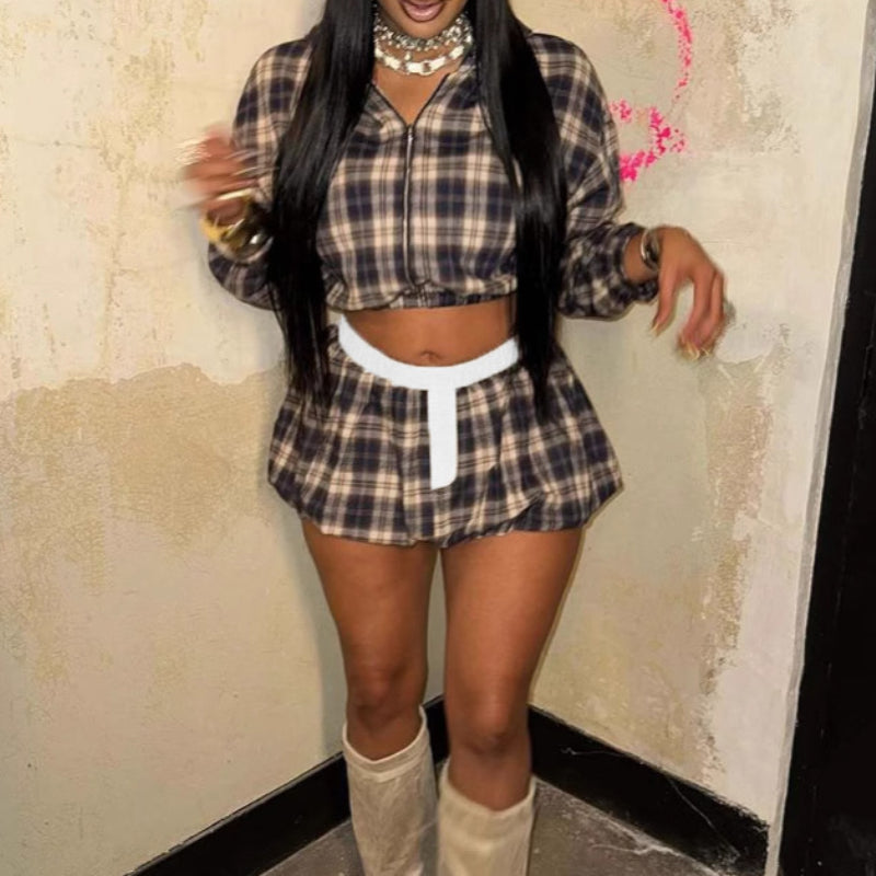 Plaid Print Zipped Peplum Skirt Set