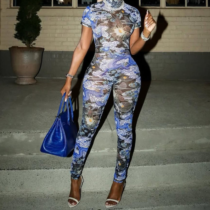 Fashionabl  mesh see through printed backless jumpsuit
