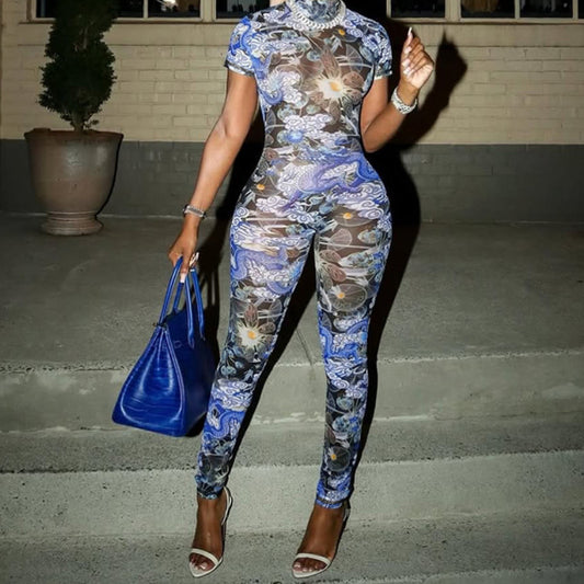 Fashionabl  mesh see through printed backless jumpsuit