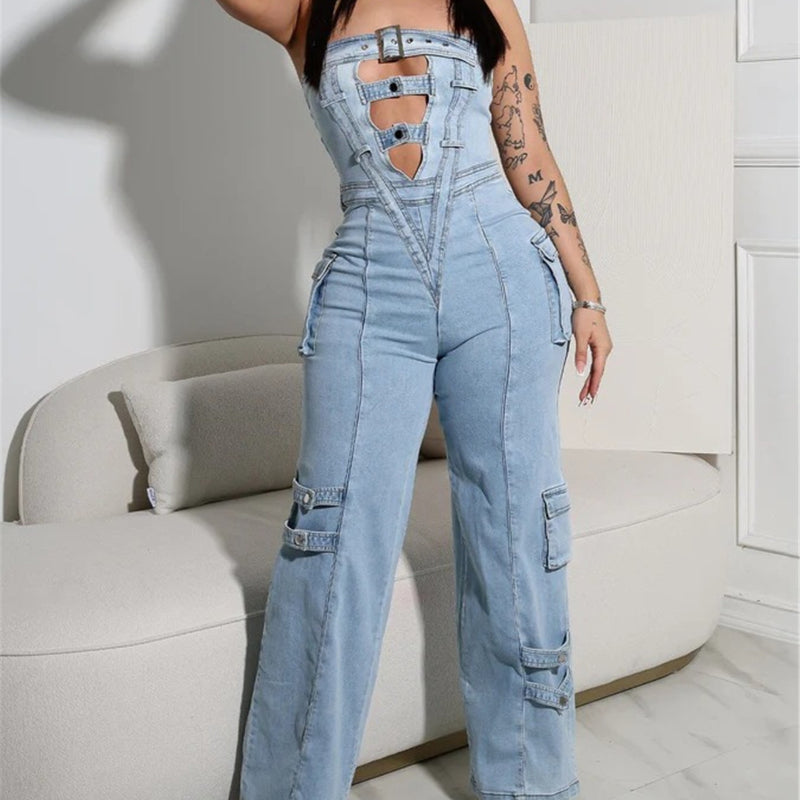 Denim Jumpsuit Corset Cargo Pants