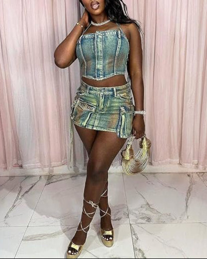 Y2K Denim Neckline Bodycon Skirt Set  with 3D Pocket