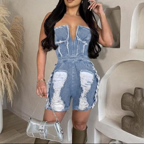 Sexy Zip Ripped Denim Jumpsuit