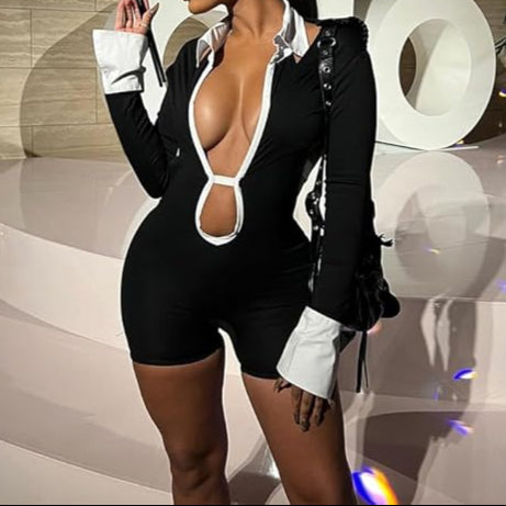 Sexy Deep V Hollow Lapel Neckline Cutout Jumpsuit