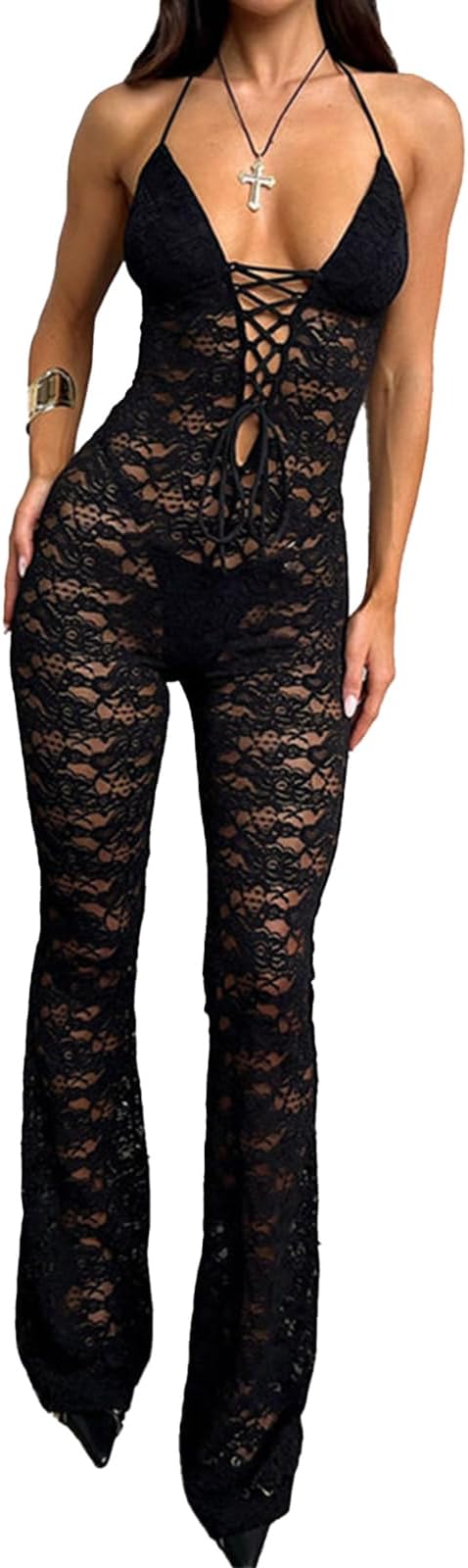 Lace Stretch See Through V Neck  Backlessoutfits