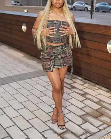 Y2K Denim Neckline Bodycon Skirt Set  with 3D Pocket