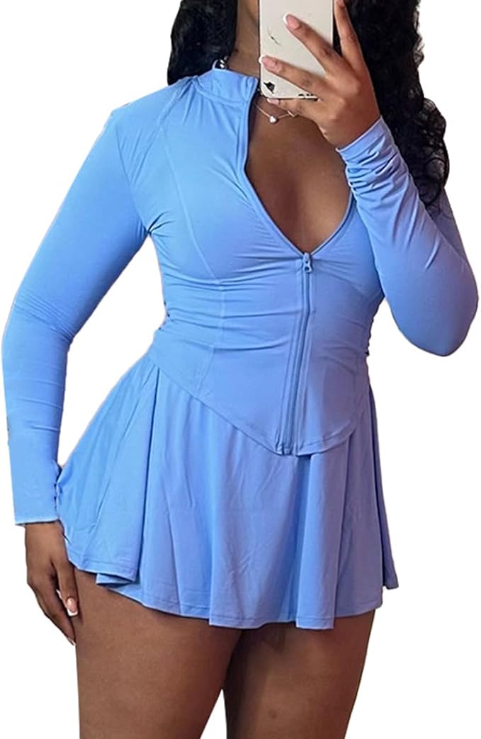 Zipper Jacket Pleated Mini Dress Workout Outfits