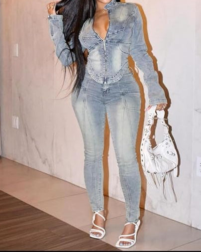 Denim Zip Up Cropped Jacket Bodycon