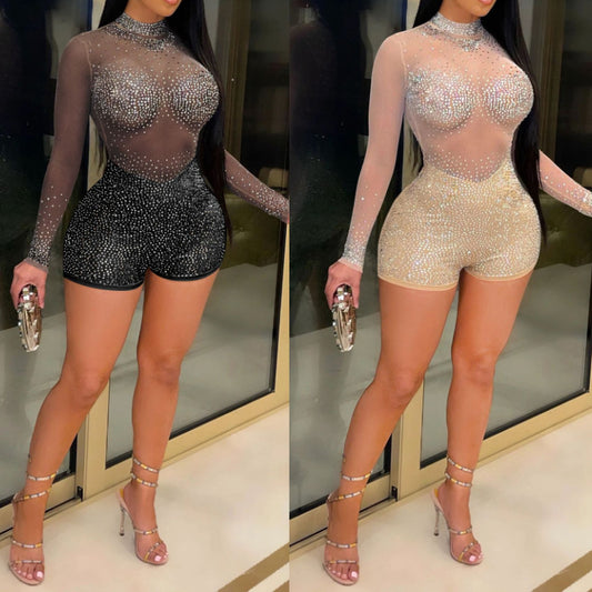 Hotfix Rhinestone Sheer Jumpsuit
