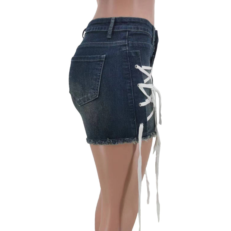 Lace-Up Stretch Denim Shorts