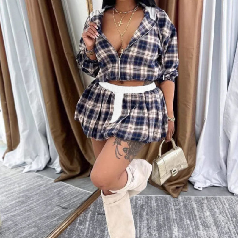 Plaid Print Zipped Peplum Skirt Set