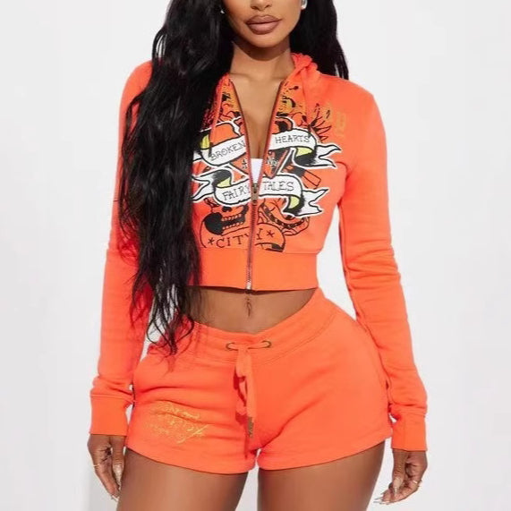 Exposed navel leopard print hoodie set