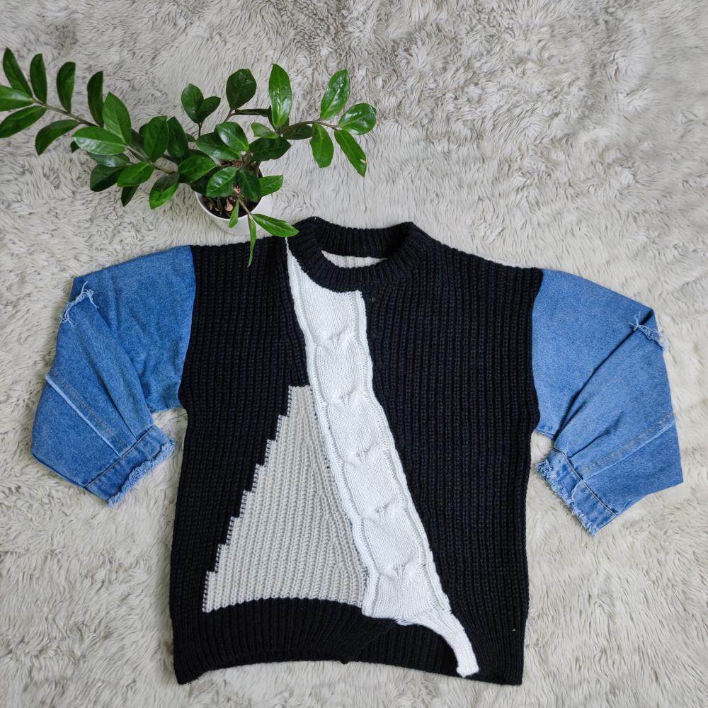 Denim patchwork knit sweater
