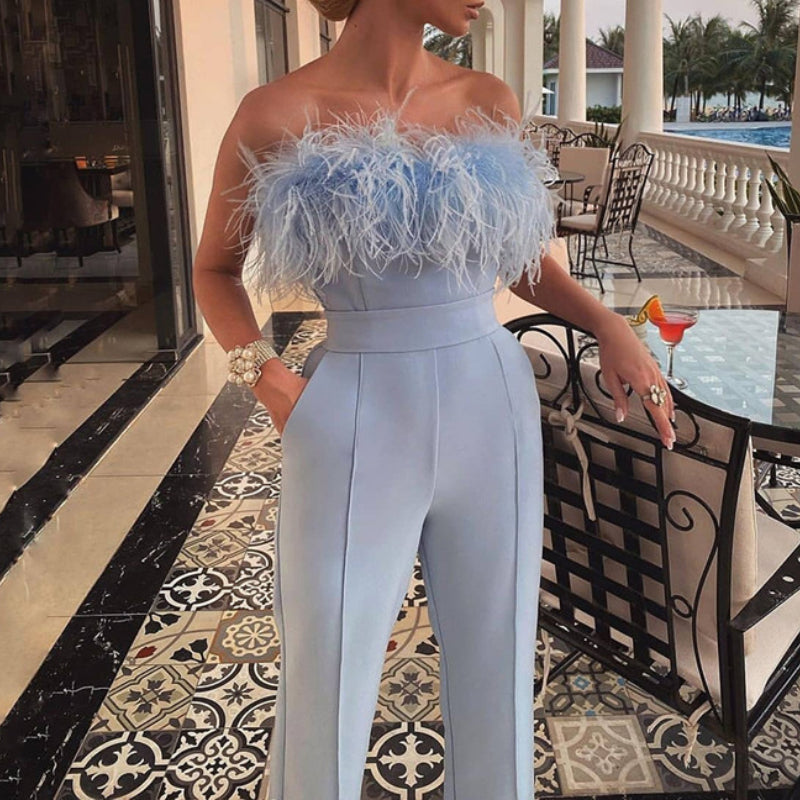 Feather Trim Strapless Backless Jumpsuit