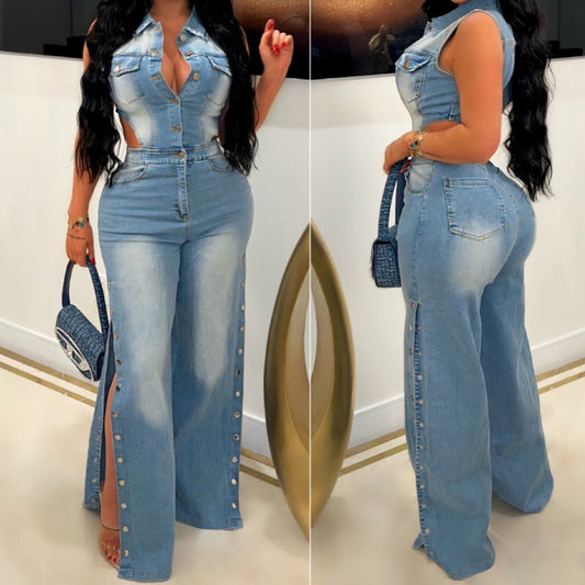 Washed denim loose straight jumpsuit