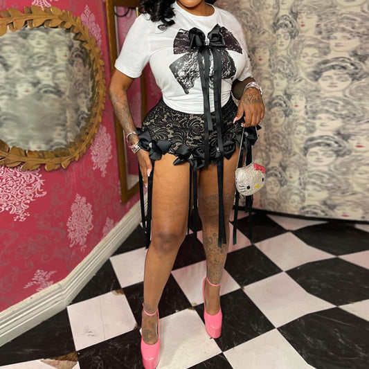 Oversized Slouchy Top & Lace Trim Shorts Set