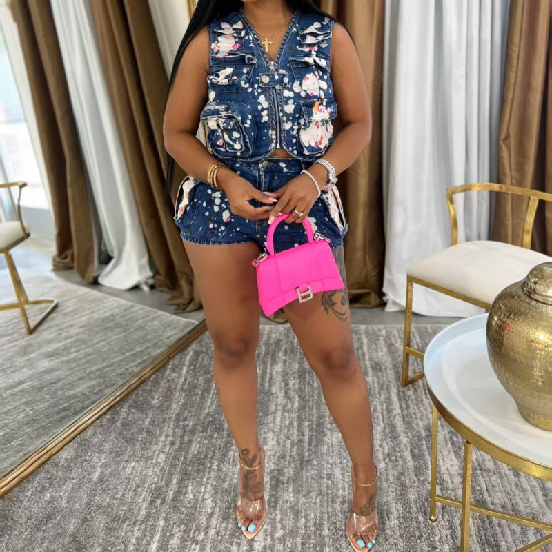 Multi-pocket horse clip stretch denim set